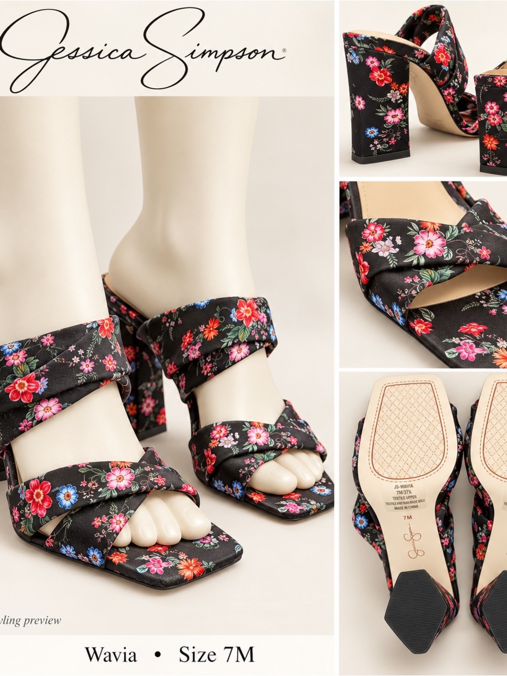 Jessica Simpson Black Floral Block Heel Sandals with Multicolor Flowers